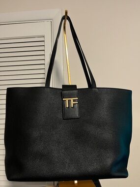 Tom Ford Black Grain Leather Tote Bag with Gold TF Accent